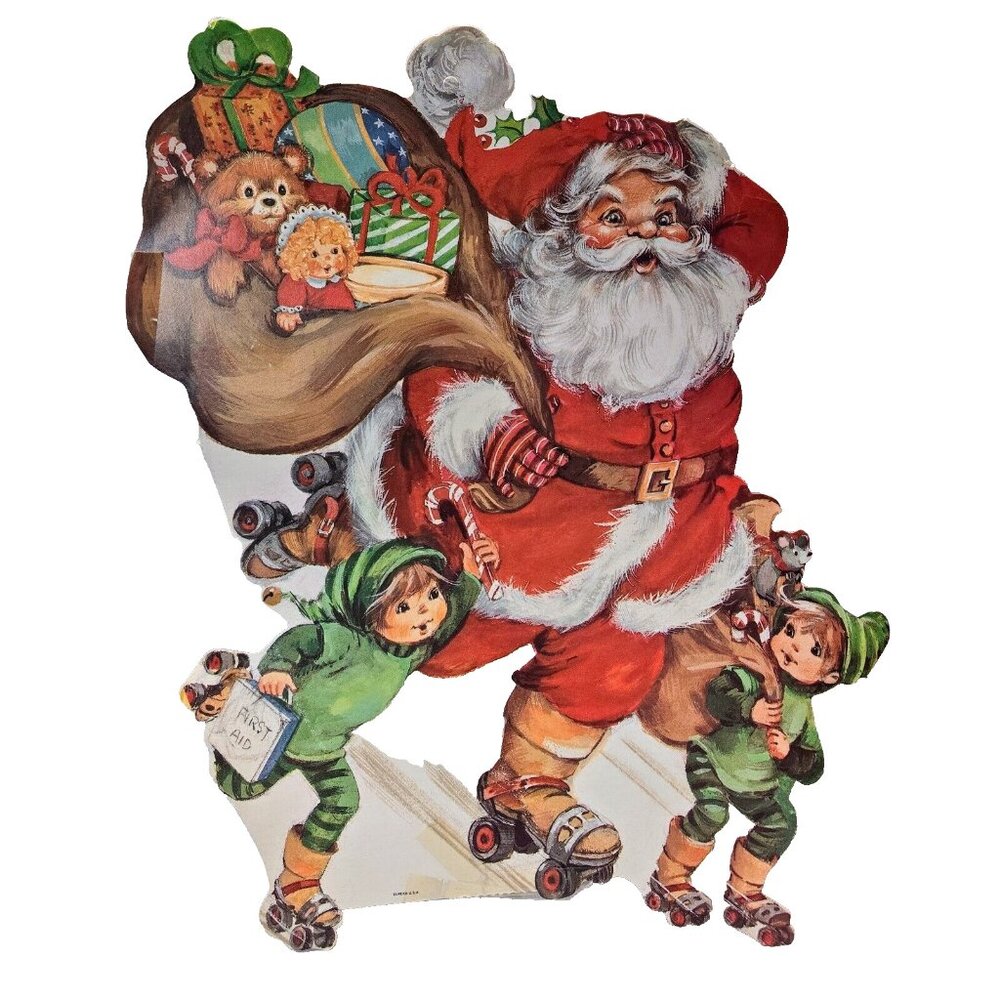 Santa Claus Die Cut Vintage Eureka Roller Skating Christmas Elves Gifts Toy Bag